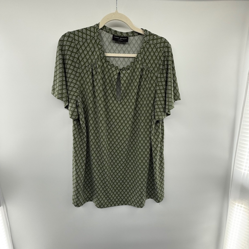 Lane Bryant Women's 14/16 Green Geometric Flutter Sleeve Keyhole‎ Tunic Top